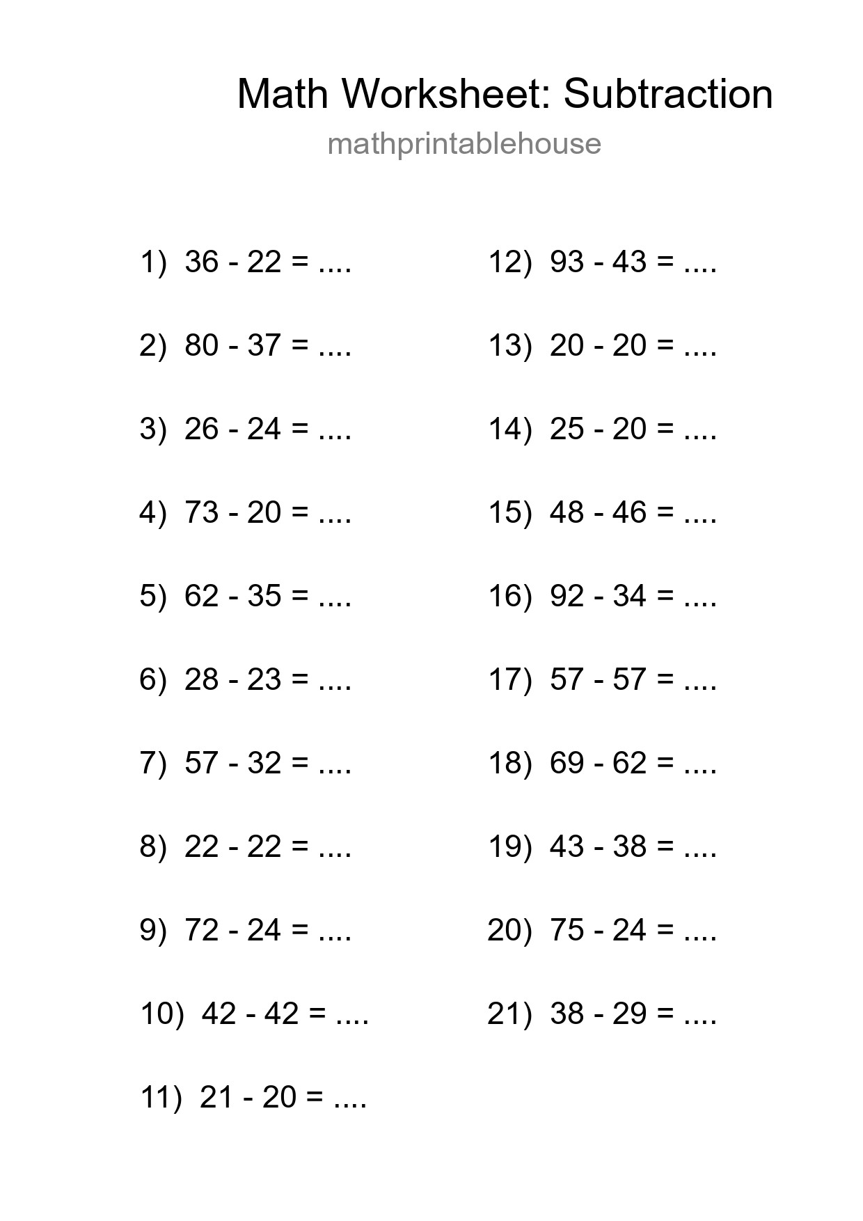 Printable Free 21 Subtraction Math Worksheet For Grade 3 - Part 129