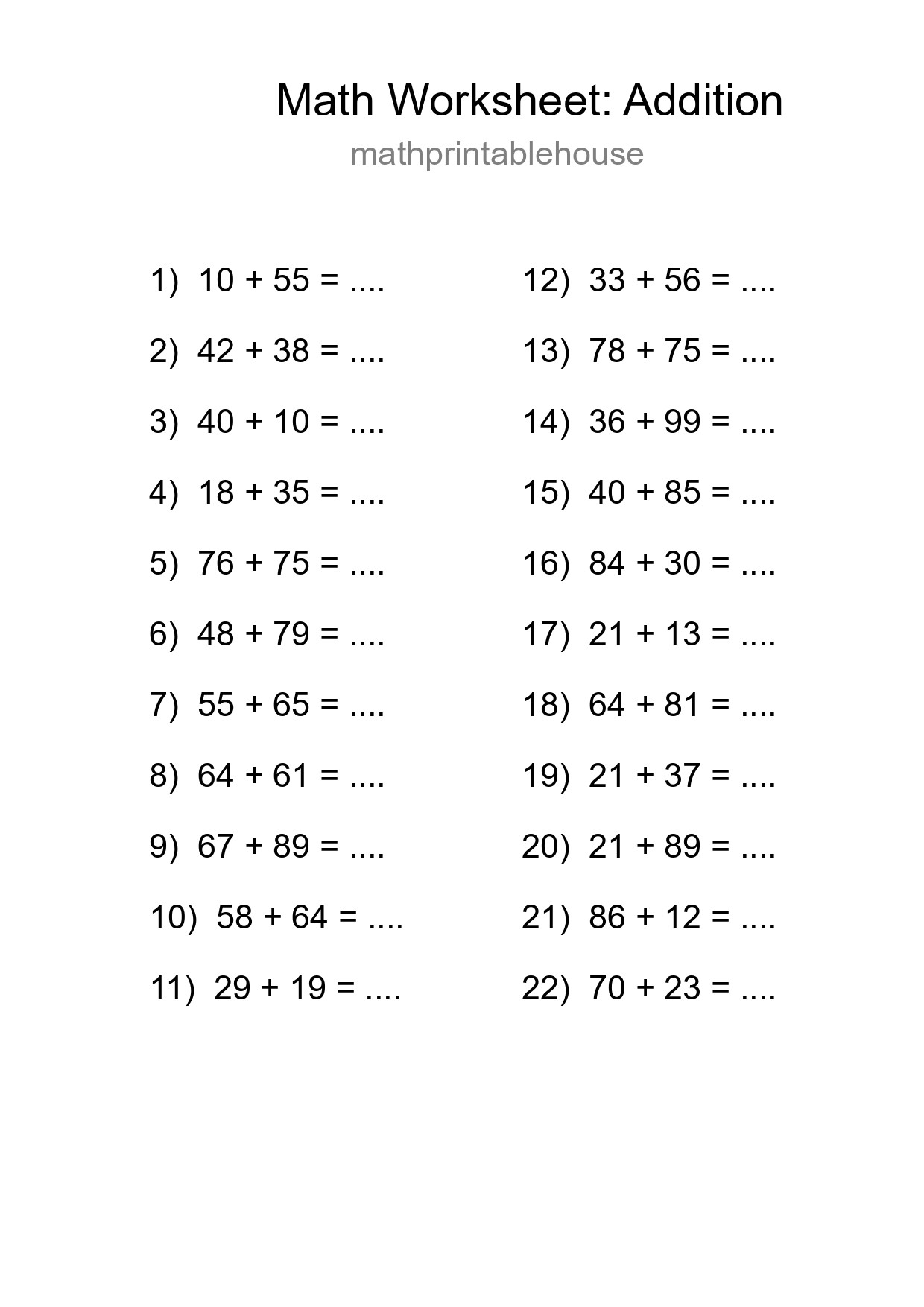 Printable Free 22 Addition Math Worksheet For Grade 3 - Part 45