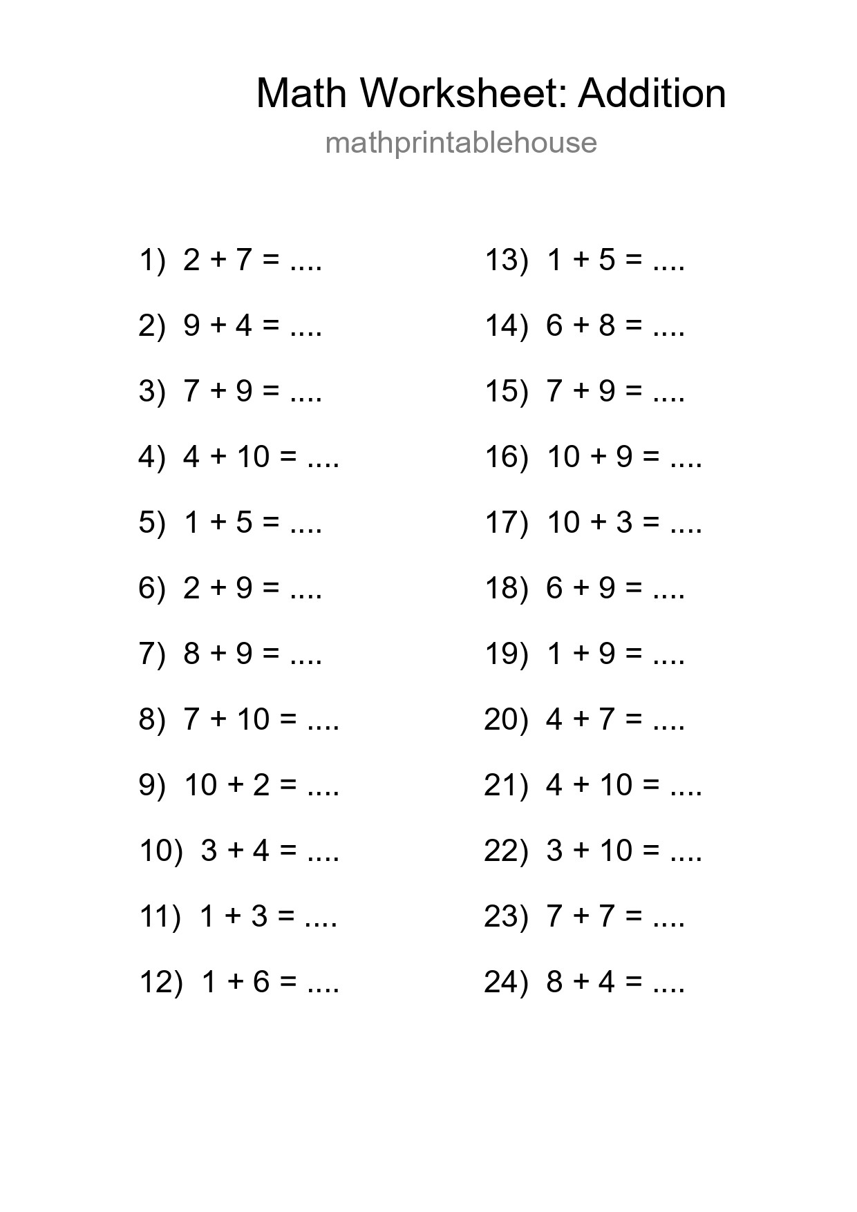 Printable Free 24 Addition Math Worksheet For Grade 1 - Part 155