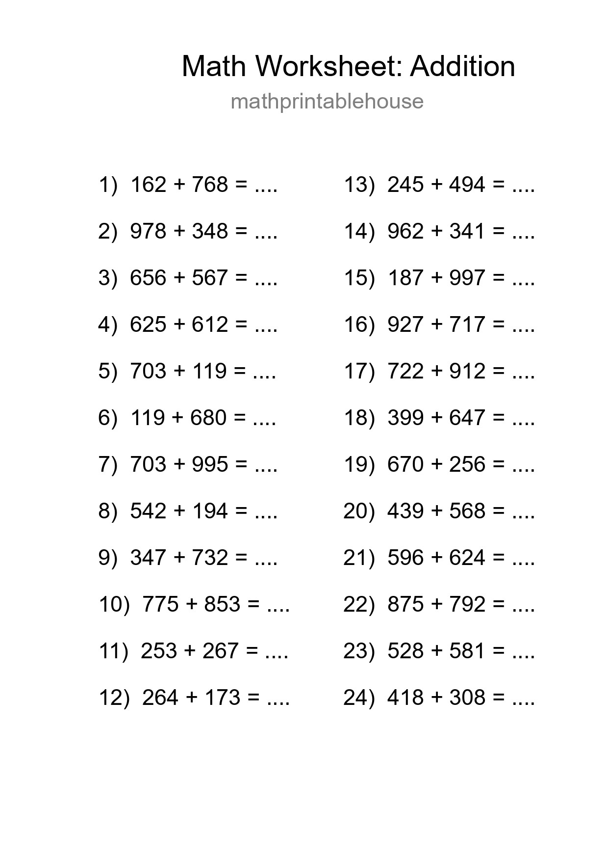 Printable Free 24 Addition Math Worksheet For Grade 5 - Part 78