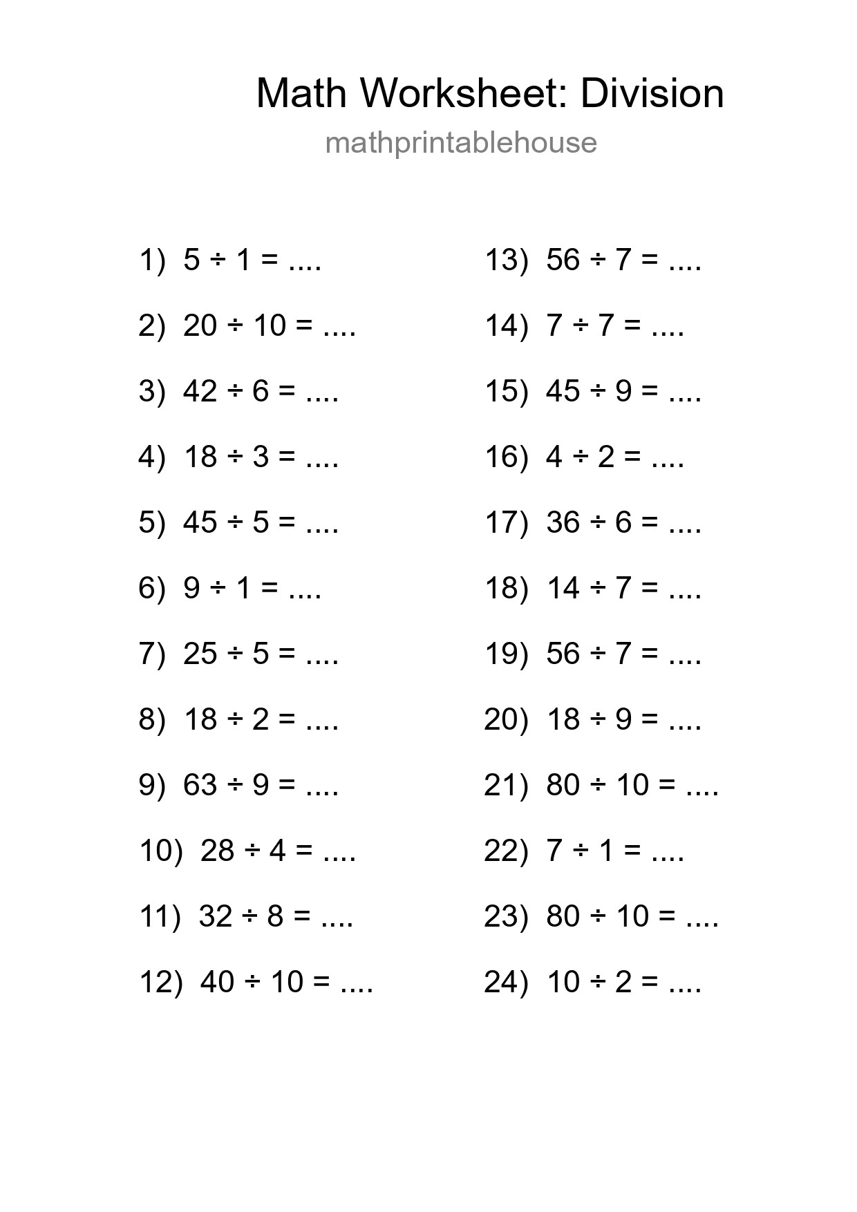 Printable Free 24 Division Math Worksheet For Grade 1 - Part 136