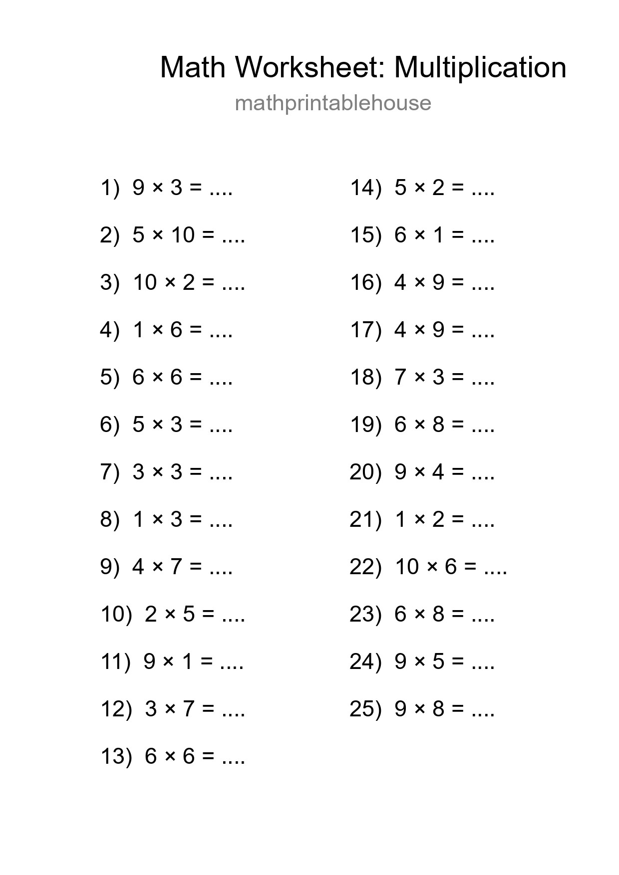 Printable Free 25 Multiplication Math Worksheet For Grade 1 - Part 73