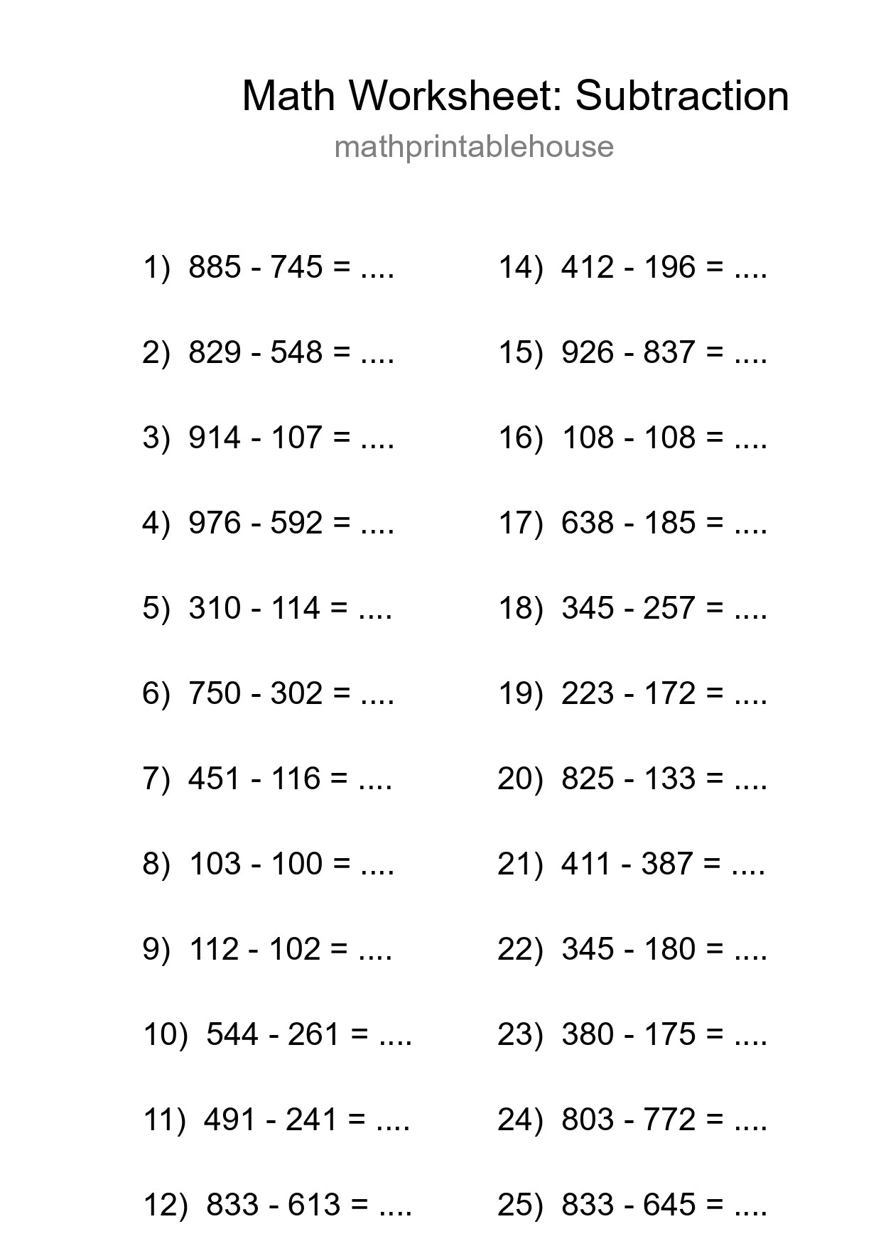 Printable Free 25 Subtraction Math Worksheet For Grade 5 - Part 294