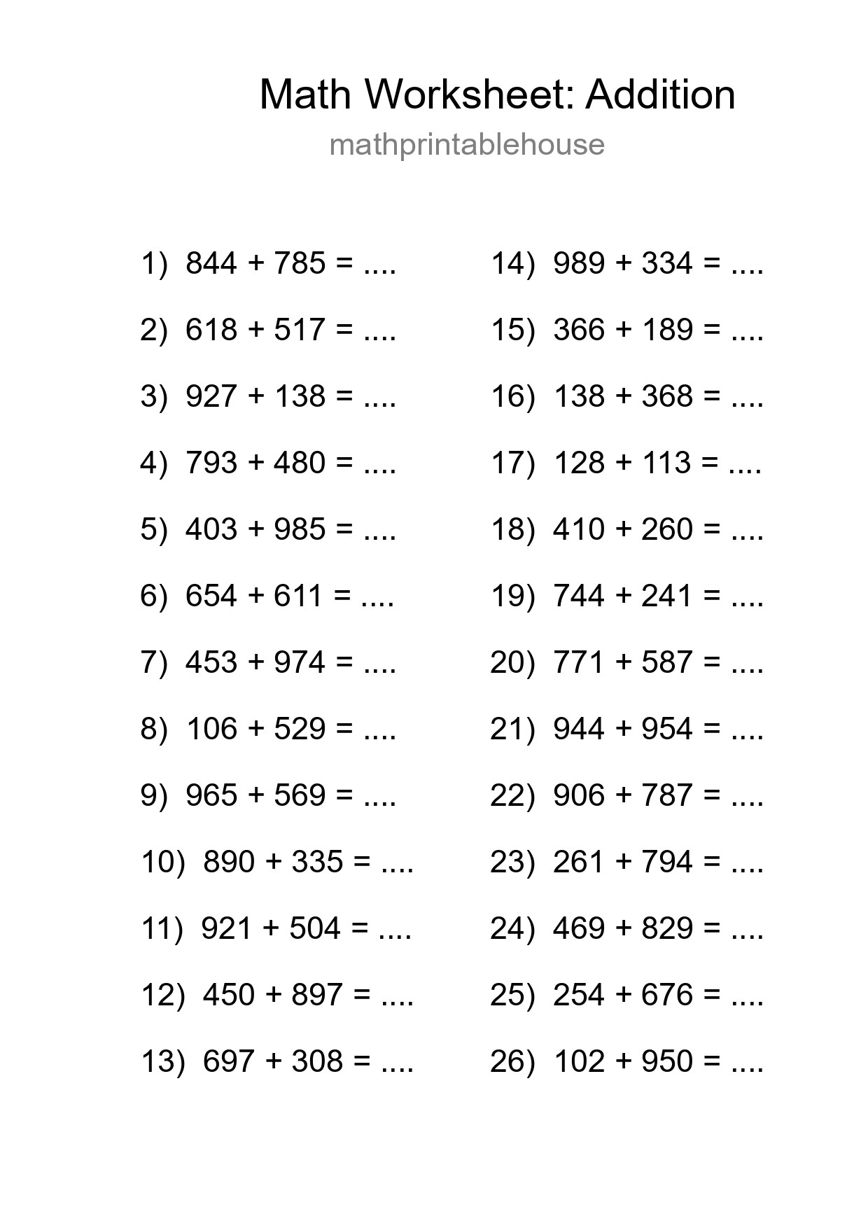 Printable Free 26 Addition Math Worksheet For Grade 5 - Part 210