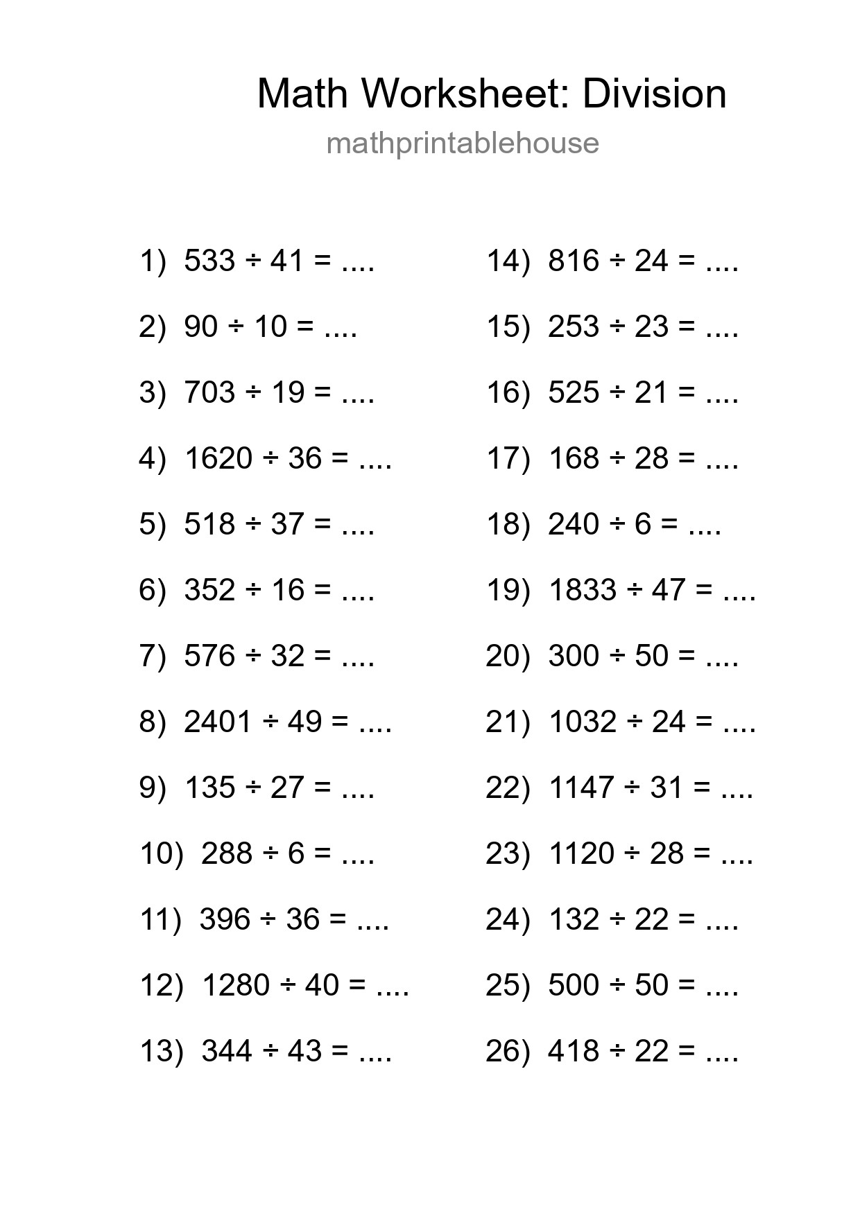 Printable Free 26 Division Math Worksheet For Grade 2 - Part 202