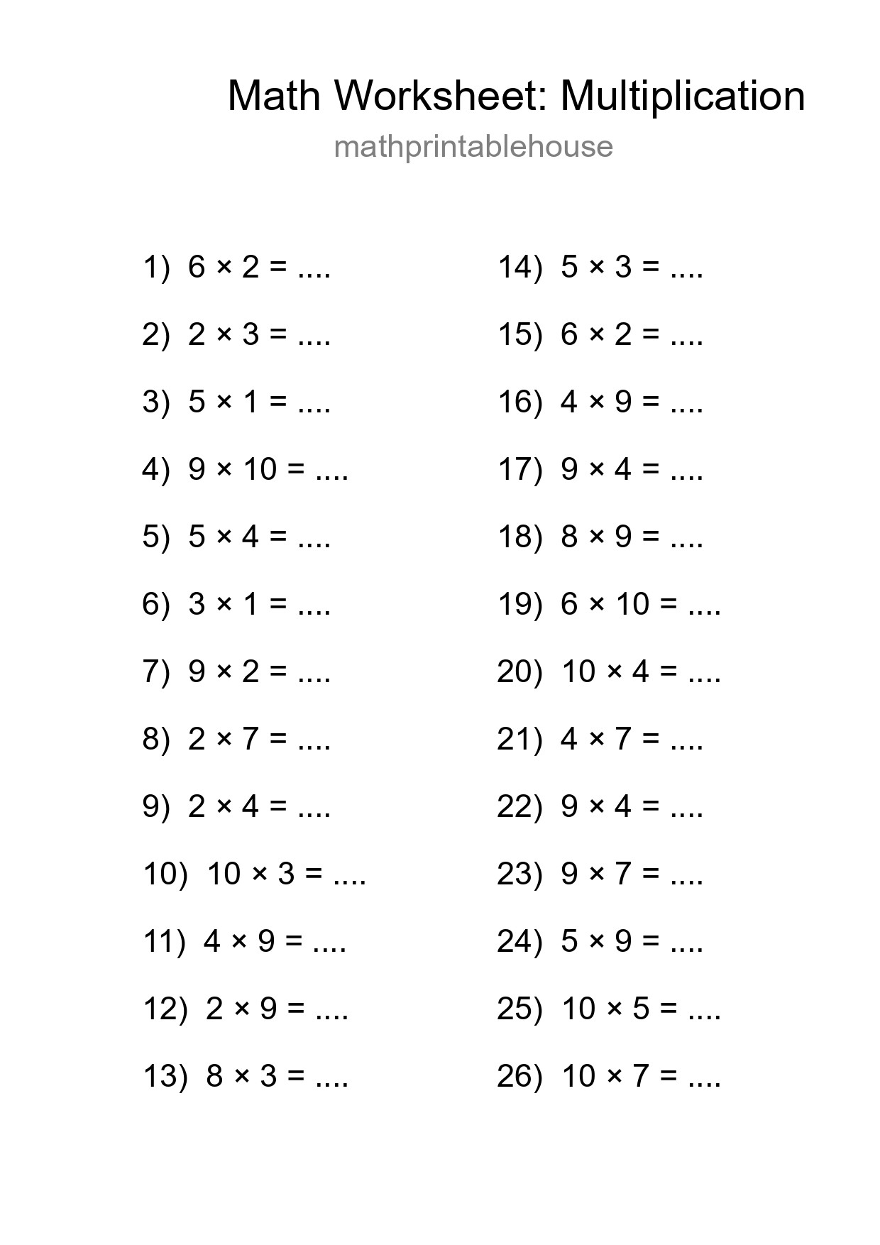 Printable Free 26 Multiplication Math Worksheet For Grade 1 - Part 29