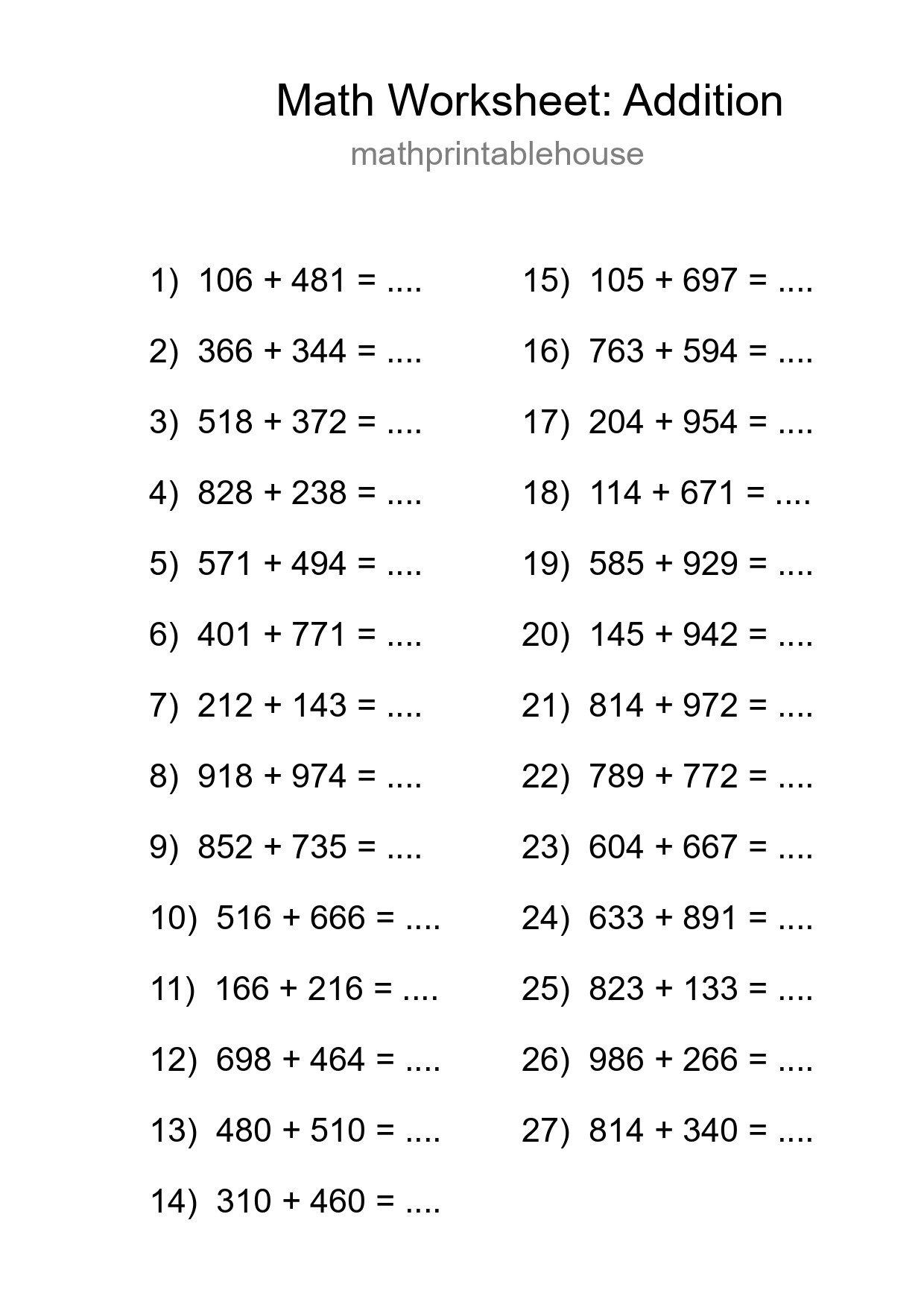 Printable Free 27 Addition Math Worksheet For Grade 5