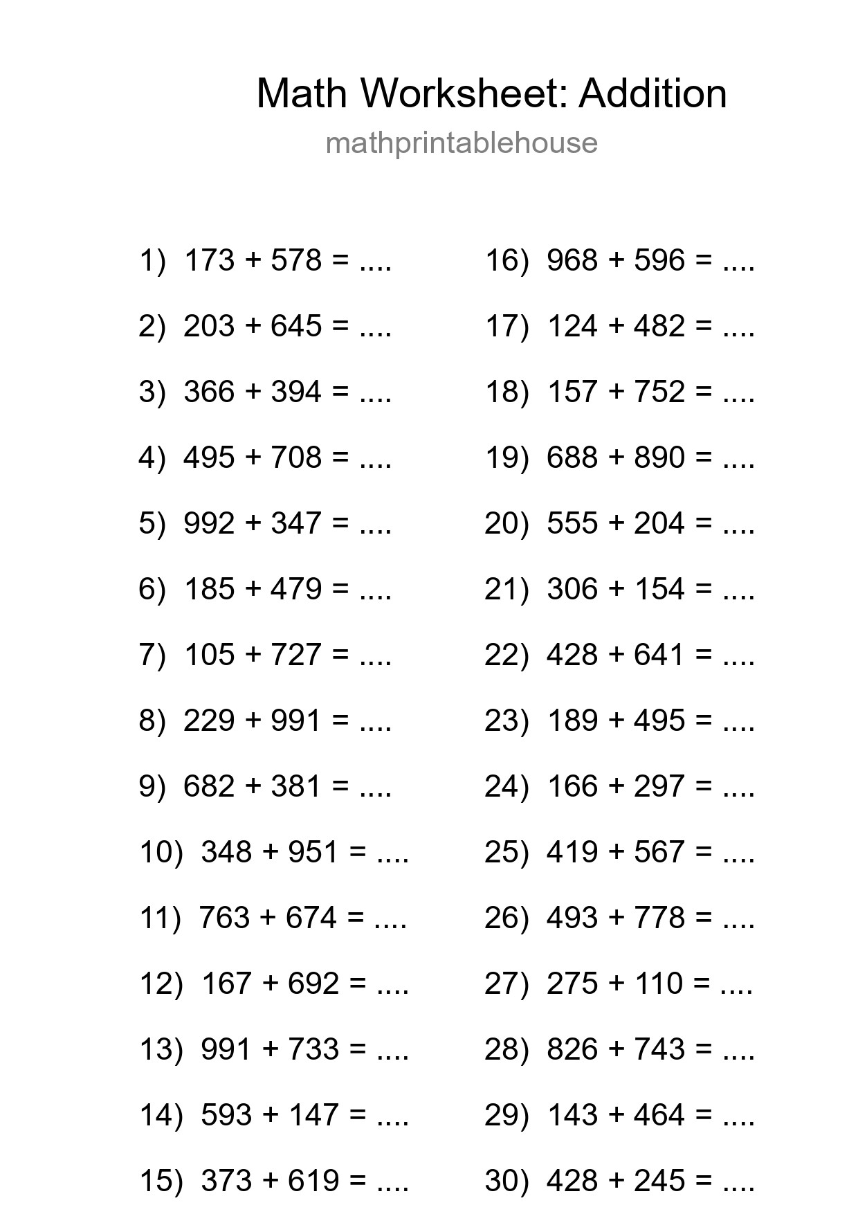 Printable Free 30 Addition Math Worksheet For Grade 5 - Part 254